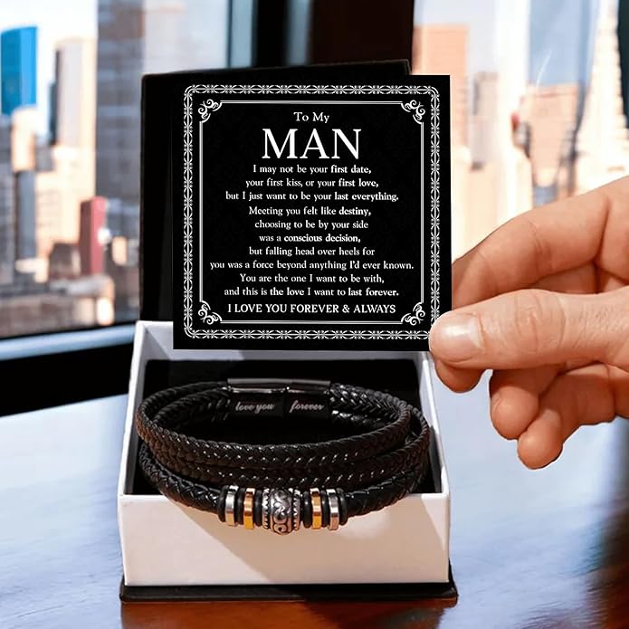Mapileng To My Man – Braided Leather & Stainless Steel Bracelet with Heartfelt ‘Love You Forever’ - Elegant Gift Box Included, Gift from Girlfriend or Wife for Husband, Boyfriend, or Brother
