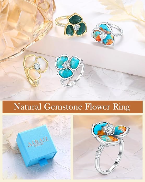 AIBAO Flower Gemstone Rings for Women Three Pental Turquoise/Malachite/Mother of Pearl Flower Ring with Cubic Zirconia Center Sterling Silver Statement Rings Size 6 to 10