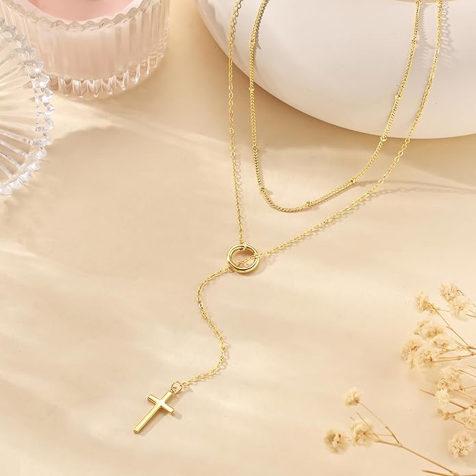 LOVELUCK Long Lariat Necklace for Women,Dainty Layered Y-Shaped Necklaces 14k Gold/Silver Plated Drop Chain Trendy Christmas Jewelry Gifts