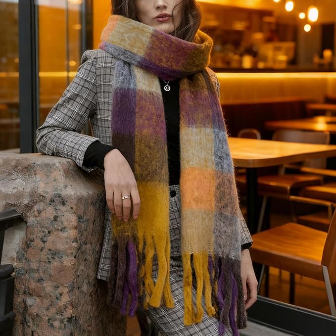 SHOHOKU Large Chunky Plaid Scarf Coloured Checked Oversized Scarf Tassel Soft Fall Winter Thick Warm Shawl Women