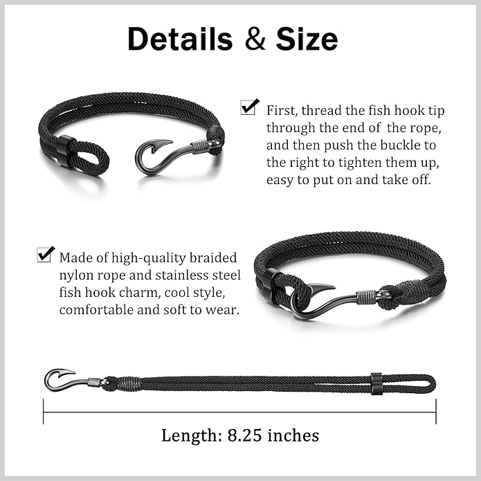 Black Bracelet for Men Husband Dad Fishing Gifts for Men Who Loves Fishing Just Hook It with Message Card