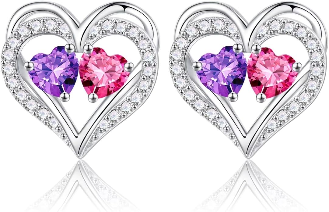 Iefil Birthstone Earrings for Women - 925 Sterling Silver Heart Earrings Anniversary Birthday Gifts for Women Wife Girlfriend Mom