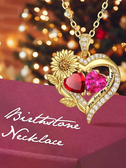 Sunflower Heart Necklace for Women 14K Gold Exquisite Anniversary Birthday Gifts for Wife Mother Her Double Birthstone Pendant jewelry‘You Are My Sunshine’