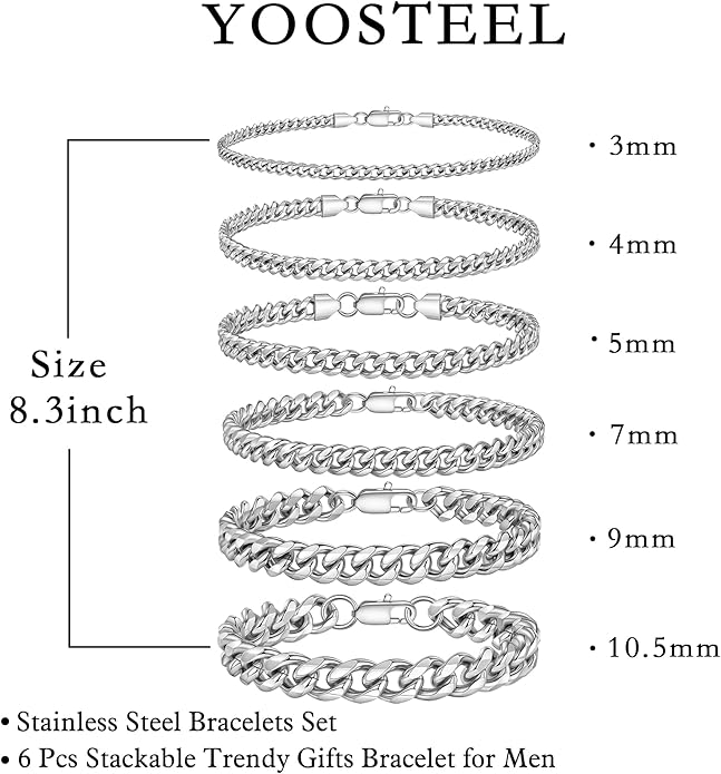 Yoosteel Mens Bracelets - Silver Chain Bracelet Stainless Steel Cuban Link Stack Bracelets Sturdy Rope Paperclip Chains Set 7.5/8.3/9 inches Trendy Jewelry for Men