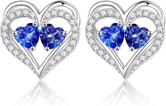 Iefil Birthstone Earrings for Women - 925 Sterling Silver Heart Earrings Anniversary Birthday Gifts for Women Wife Girlfriend Mom