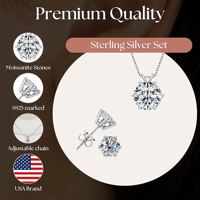 925 Sterling Silver Moissanite Jewelry Set - Classic European Design Necklace Earrings Set with Round Cut Moissanite Pendant - Adjustable Chain - Gift Box