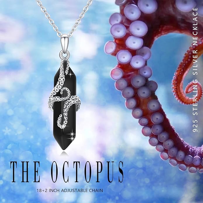 OHAYOO Octopus Tentacles Necklace 925 Sterling Silver Octopus Pendent Necklace Wrapped Obsidian Octopus Jewelry Gifts for Women