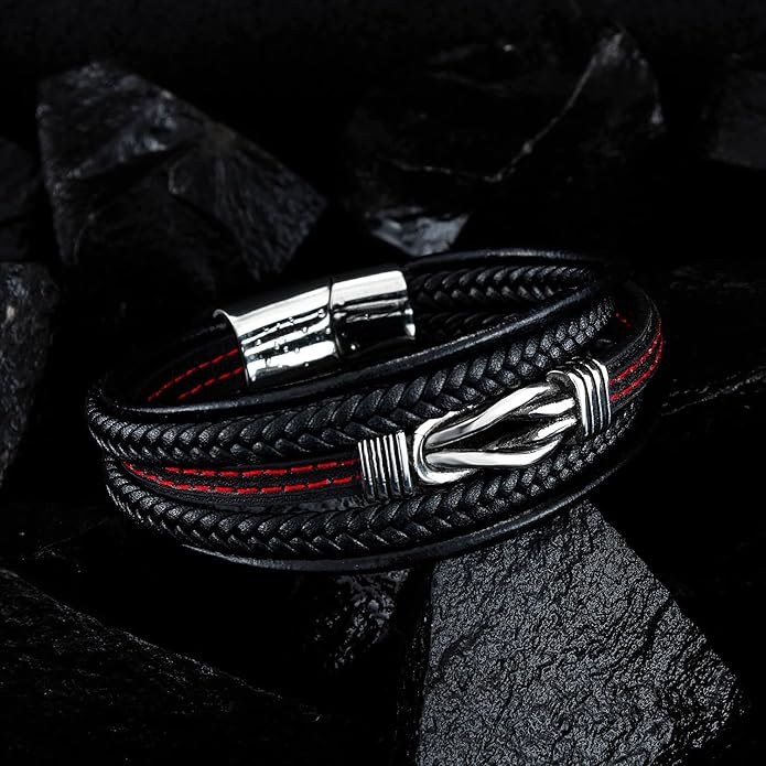 Italian Handmade Genuine Leather Bracelets for Men Stainless Steel Clip, Men's Casual Genuine Multi-layer Cuff Bracelet, Bracelet Gift for Real Men