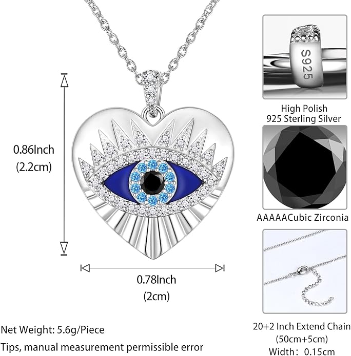 Jewmon 925 Sterling Silver Evil Eye Necklace for Women Lucky Turkey Eye of Proection Necklace Evil Eye Jewelry Gifts for Mom Daughter Grandma