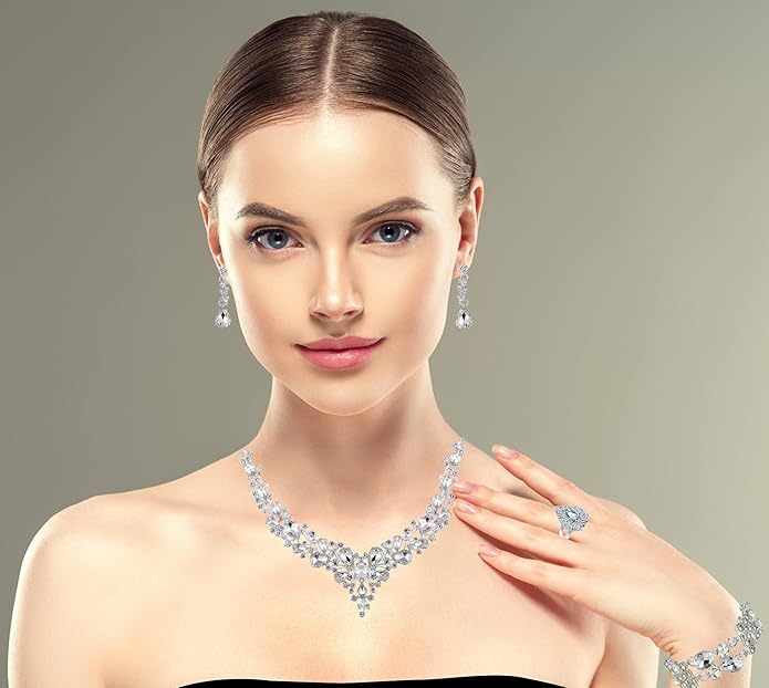 Paxuan Crystal Bridal Wedding Jewelry Sets for Women Rhinestone Teardrop Crystal Statement Choker Necklace Drop Earrings Link Bracelets Rings Teardrop Jewelry Set for Brides Bridesmaids