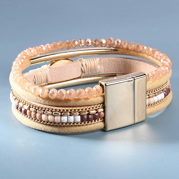 FANCY SHINY Leather Wrap Bracelets Crystal Beads Bracelet Boho Cuff Stone Charm Bracelets with Clasp Costume Jewelry for Women