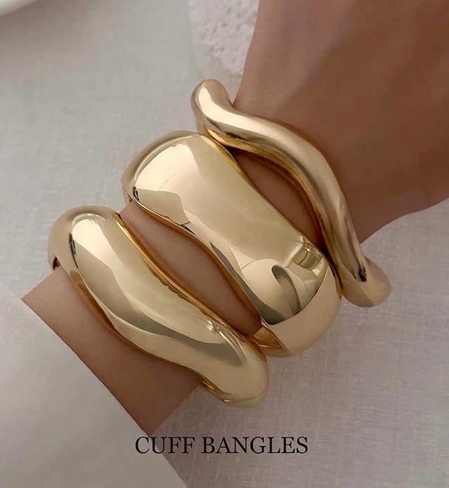 Chunky Gold Bangle Bracelets for Women, 14k Dainty Gold Cuff Stackable Bracelet Set, Trendy Bracelet Stack Fashion Jewelry Gifts