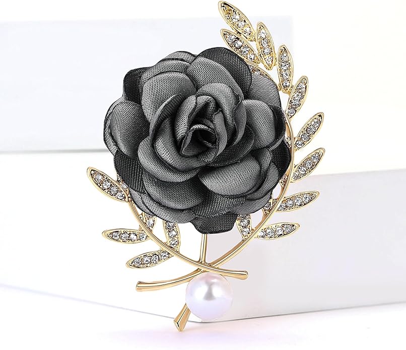 Rose Brooch for Women,Dainty Satin Fabric Flower Lapel Pins Vintage Elegant Pearl Brooches Handmade Crystal Pearl Pins Silk Camellia Safety Collar Pin Dress Suit Accessories Wedding Bridal Bouquet Jewelry