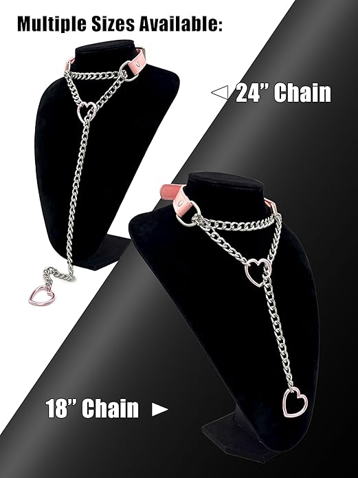 Black Leather Choker Collar For Women, Handmade Heart Slip Chain Choker Long Necklace with Adjustable Buckle