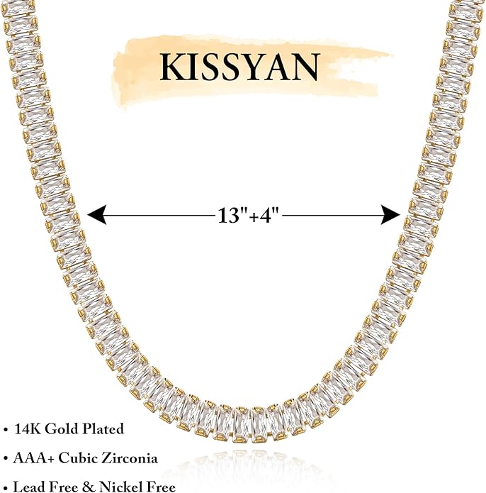 KissYan Diamond Tennis Necklace for Women, 14K/White Gold Plated Cubic Zirconia Baguette Tennis Chain Chunky Paperclip Link Cuban Choker Necklace Dainty Jewelry Gifts