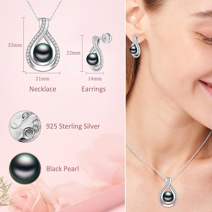 Infinity White Black Pearl Necklace and Earrings Set for Women Gifts for Mom Birthday Mothers Day AAA+ Handpicked Pearl 14K Gold/White Gold Plated Adjustable Jewelry