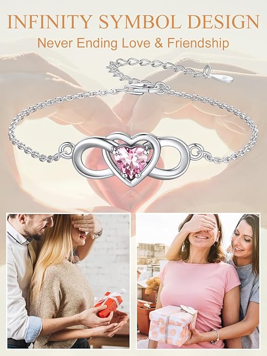Custom4U Personalized Infinity Love Symbol Link Bracelets for Women 925 Sterling Silver Birthstone Bracelet Adjustable Engraved Chain Christmas Mother's Day Birthday Jewelry Gifts for Mom Her