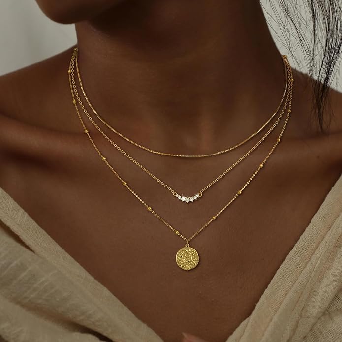 CHESKY 14K Gold Plated Layered Necklaces for Women,Dainty Gold/Silver Plated Chain Necklace CZ Pendant Necklace Adjustable Layering Choker Necklace jewelry Gifts