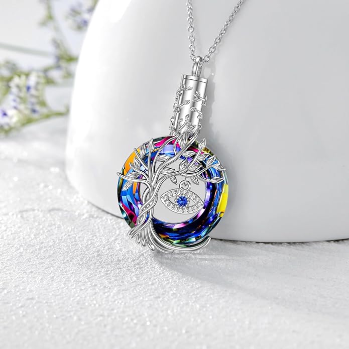 TOUPOP Evil Eye Necklace 925 Sterling Silver Tree of Life Circle Crystal Pendant Necklace Protection Jewelry Amulet Christmas Gifts for Women Her