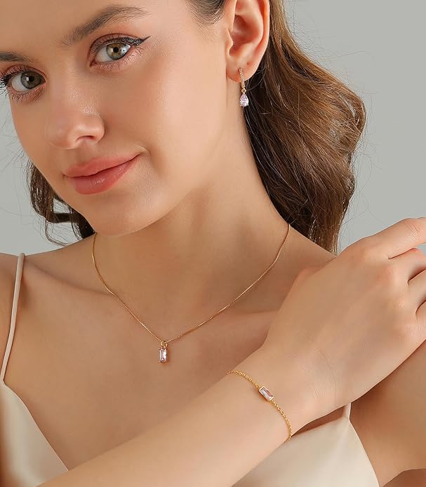 Birthstone 14K Gold Plated Bracelets Earrings Necklaces Jewelry Set， Blue Green May Cubic Zirconia，Friendship Bracelets Jewelry Gifts for Mom Best Friend Birthday