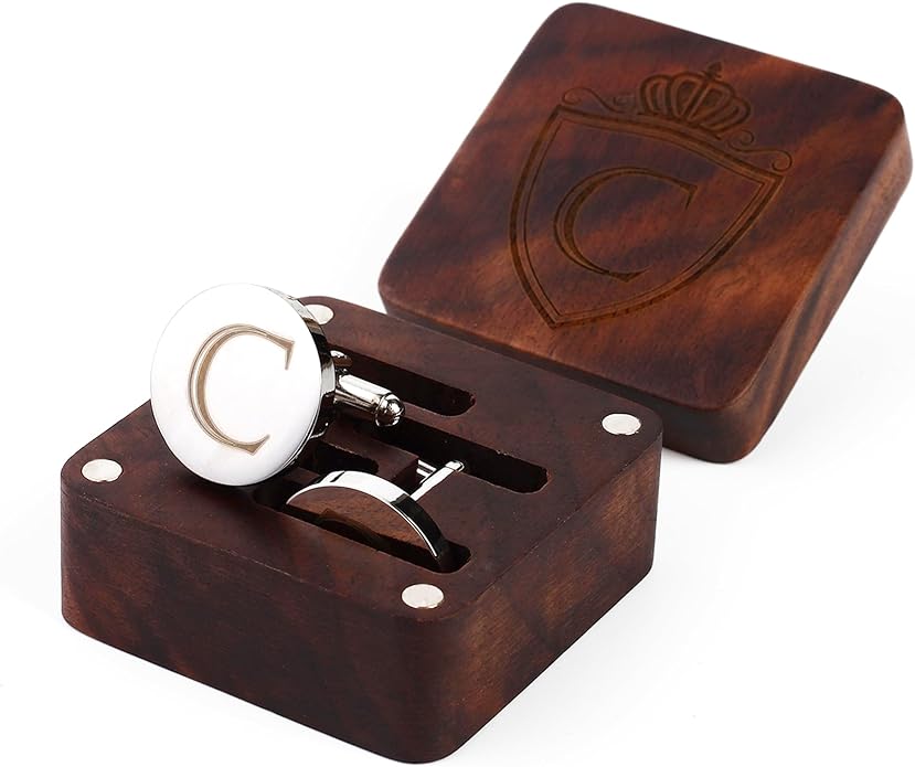 Mens Initial Silver Cufflinks A-Z Alphabet Letter Steel Cuff Links with Engraved Walnut Wood Box Groom Groomsman Wedding Set…