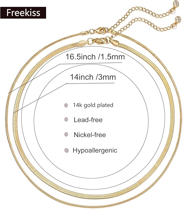 Freekiss Herringbone Necklace for Women,Dainty Gold Necklace,14k Gold Plated Snake,Gold Chain Choker Necklaces,Simple Gold Layered Necklaces,Gold Jewelry Gift for Women