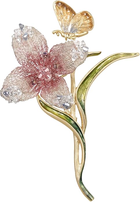 Handmade Embroidery Flower Brooch Pins for Women, SHE'S FREE STYLE JUST FOR YOU Luxury Gradient Stitching Floral Brooch Pins with Crystal stamen, Enamel Metal Butterfly with Green Leaves, Hand Dripping Oil Jewelry pins