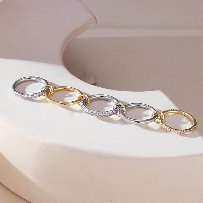 FUSAHURIY 2PCS Gold Stackable Rings Set for Women, 14K Gold Plated Interlocking Linked Rings with Cubic Zirconia, Gold Silver Mixed Metal Stackable Ring, Statement Jewelry Gifts