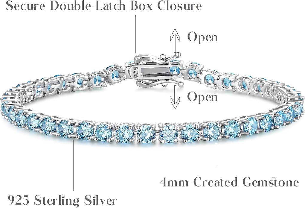 FANCIME Birthstone Bracelet Sterling Silver Gemstone Tennis Bracelets Fine Jewelry Wedding Bridal Prom Birthday Gift for Women Her, Length 7.2 Inch Width 4mm