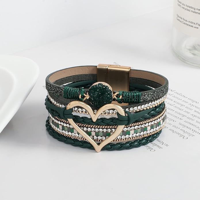 Leather Wrap Bracelet for Women Beaded Cuff Bracelet with Heart-shape Decor Bohemian Crystal Bracelet Jewelry with Clasp Bangle Bracelet for Women Girls Birthday Holiday Gift
