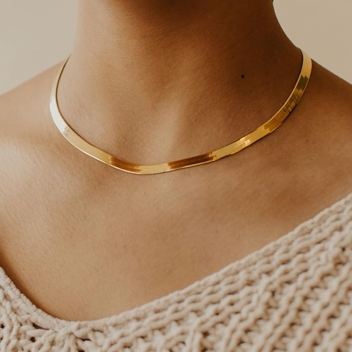 CHESKY Gold Necklace for Women-14K Gold Plated/Sterling Silver Plated Snake Chain Necklace Dainty Simple Chunky Herringbone Necklace Choker Necklaces Jewelry for Women