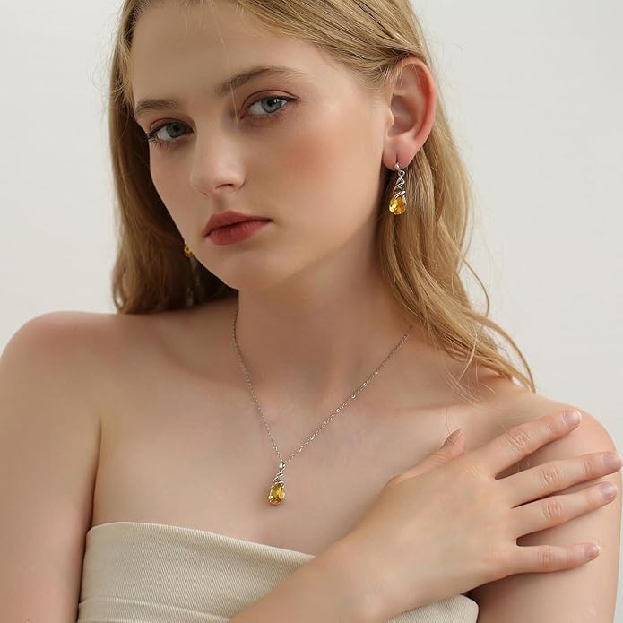 RUOFFETA Teardrop Crystal Jewelry Set, Birthstone Pendant Necklace Drop Dangle Earrings for Women