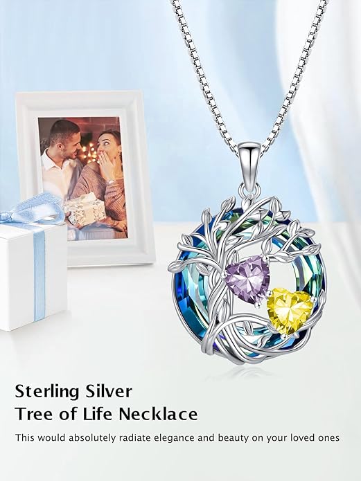 TOUPOP s925 Sterling Silver Family Celtic Tree of Life Pendant Necklaces with 2 Heart Birthstone with Blue Austrian Crystal Jewelry Birthday Anniversary Christmas Gifts for Her Wife Girlfriend Mom (18K Real White Gold Filled)