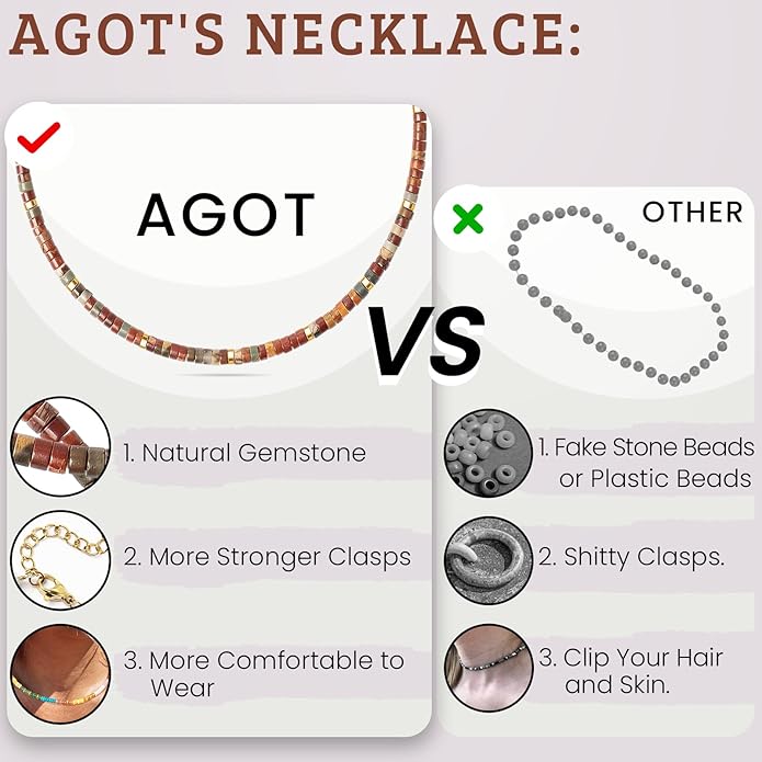 AGOT Beaded Gemstone Necklace for Women: Boho Bead Choker Natural Stone Necklaces - Handmade Jewelry for Summer Beach