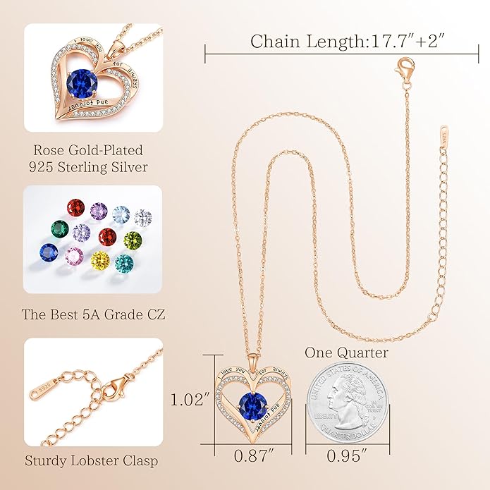LOUISA SECRET Love Heart Birthstone Necklaces for Women, Birthday Gift for Girlfriend, Anniversary Jewelry Gift for Wife Her, 925 Sterling Silver Women Pendant Necklace, Mother's Day Christams Gift