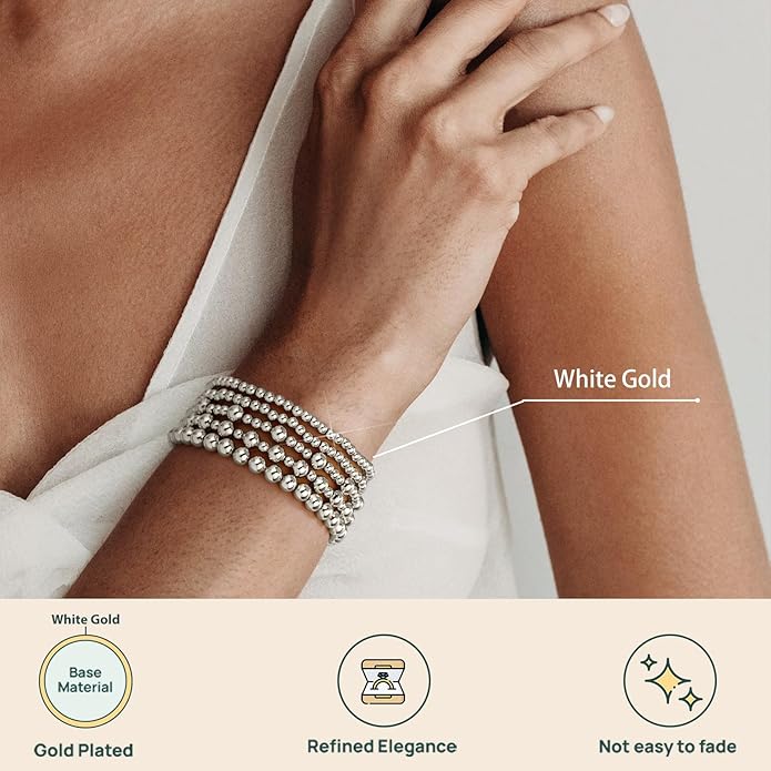 adoyi Gold Bracelets for Women Waterproof, 14K Gold Plated Beaded Strand Bead Ball Bracelets stack Adjustable Jewelry Set for Gifts