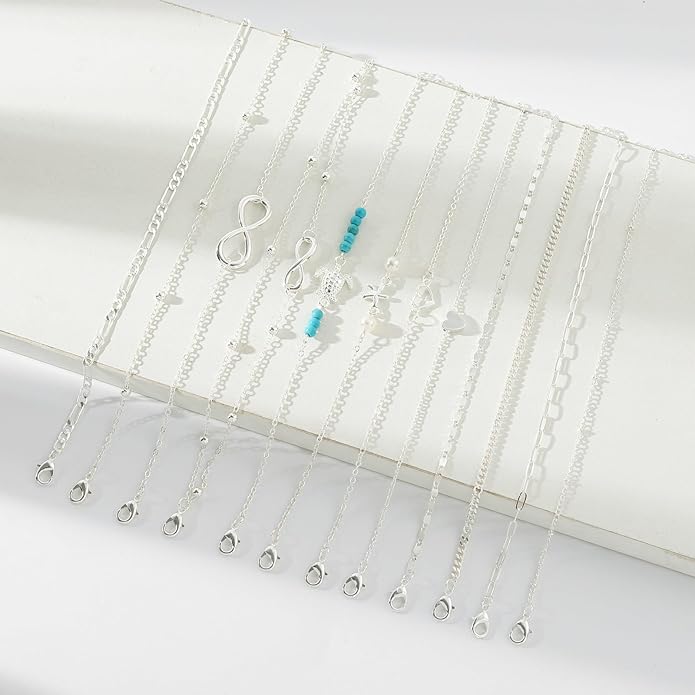 Starain 12Pcs Summer Beach Anklets for Women Waterproof Gold Silver Chain Ankle Bracelets Cute Women's Foot Anklet Set 7.9-10.5 inch Adjustable