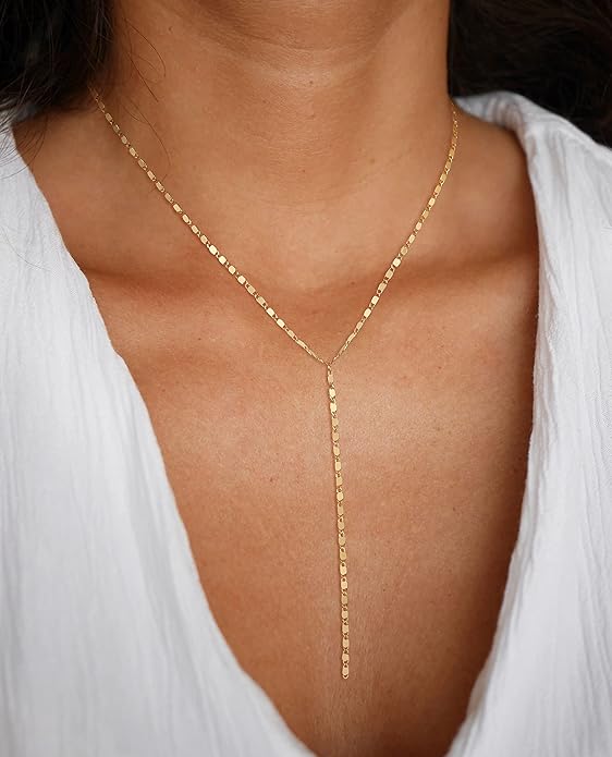 Foxgirl Lariat Gold Necklace for Women, Dainty Long Necklace 14k Gold Plated/Silver Y-Shaped Pendant Necklace Trendy Layered Cz Beaded Chain Drop Necklaces Simple Gold Jewelry For Women Gift