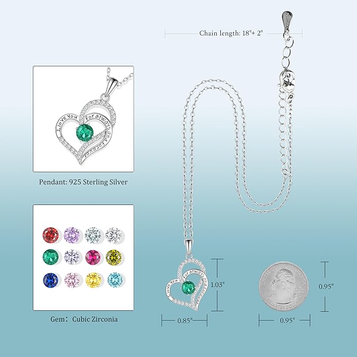 Heart Birthstone Silver Necklace for Women, S925 Sterling Silver Pendant Necklace Birthday Jewelry Gifts for Her Mother Mom Wife Girlfriend