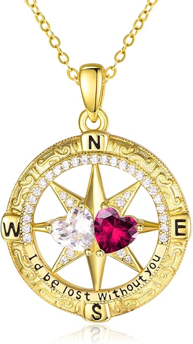 Zeuslia Double Birthstone Necklace Gifts for Wife - 925 Sterling Silver Sunflower/Rose/Crown Cross/Compass/Heart Pendant I Love You Necklace, Anniversary Birthday Gifts for Wife Girlfriend Mom Her