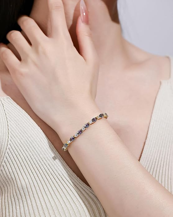 FANCIME 14K Gold Plated Birthstone Bracelets 4mm Sterling Silver Tennis Bracelets Gold Bracelets Birthday Jewelry Gifts for Women 7"