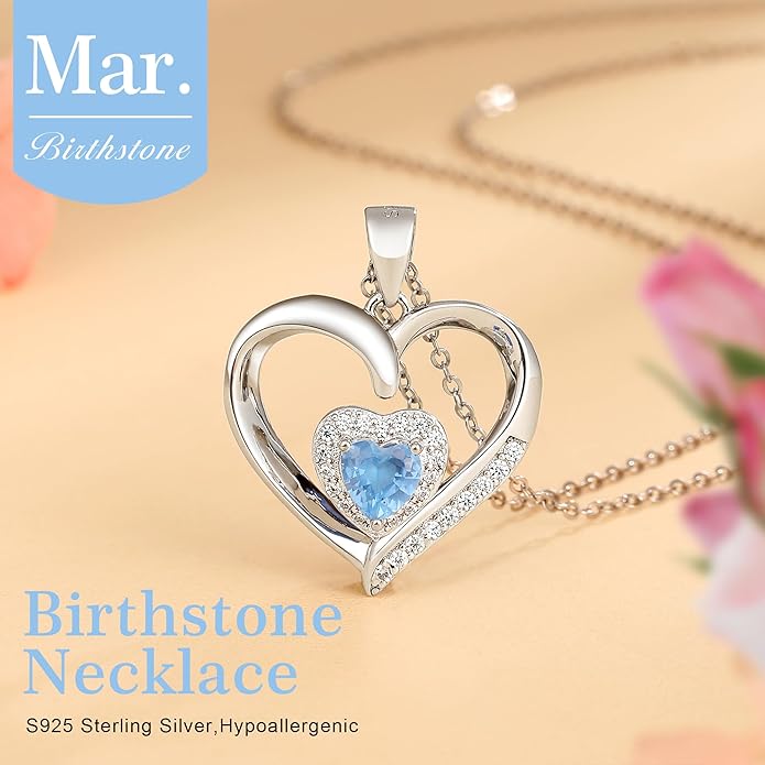 GLIVEOR Heart Birthstone Necklace for Women,S925 Sterling Silver Necklace Birthstone Necklace Heart Necklace for Women Birthday Jewelry Gifts for Women