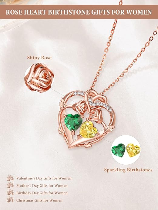 Rose Gold Necklaces for Women Double Birthstone Rose Flower Heart Pendant Necklace Jewelry Anniversary Christmas Valentine's Mother's Day Birthday Gift for Wife Mom Her Girlfriend Sister