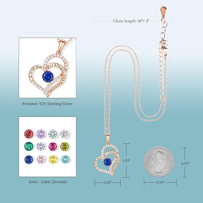 Heart Birthstone Silver Necklace for Women, S925 Sterling Silver Pendant Necklace Birthday Jewelry Gifts for Her Mother Mom Wife Girlfriend