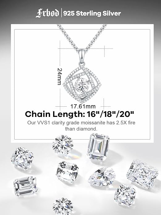 D Color 0.53ct/1.24ct/1.72ct/1.2ct Moissanite Necklace for Women Men, 925 Sterling Silver Chunky Circle/Triangle/Square Pendant, Birthday Christmas Valentines Jewelry, 16-20 Inch Box Chain Adjustable