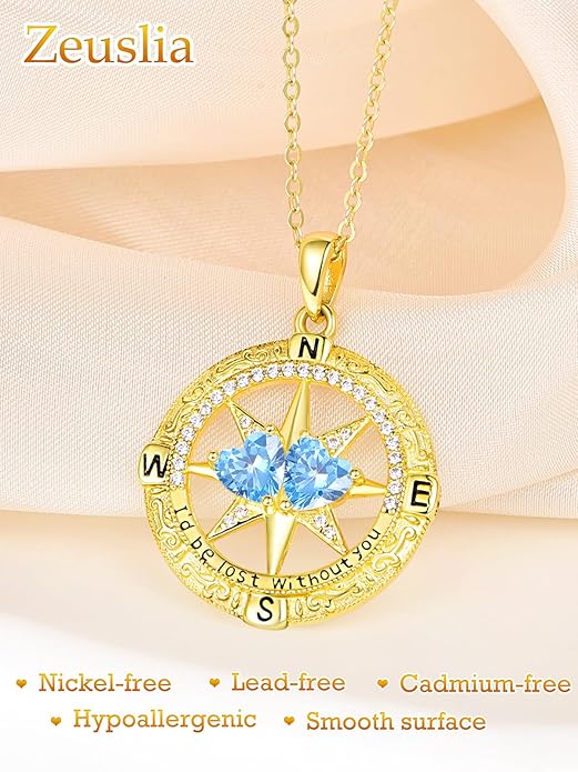 Zeuslia Double Birthstone Necklace Gifts for Wife - 925 Sterling Silver Sunflower/Rose/Crown Cross/Compass/Heart Pendant I Love You Necklace, Anniversary Birthday Gifts for Wife Girlfriend Mom Her