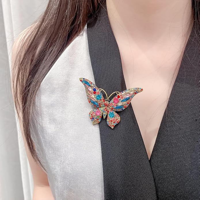 Rhinestone Butterfly Brooch for Women Men Chic Cute Sparkly Crystal Animal Lapel Pins for Dress Hat Bag Suit Tie Wedding Holiday Accessories Jewelry (Colorful)