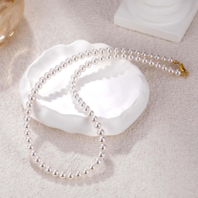 Mameloly Pearl Necklaces for Women Dainty 925 Sterling Silver 18K Gold Plated 6MM Simulated White Pearl Choker Necklace Strand for Her Engagement Wedding Birdal