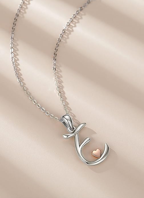 CELESTIA 925 Sterling Silver Initial Necklaces 26 Letter with Rose Gold Heart - 18 Inch Chain