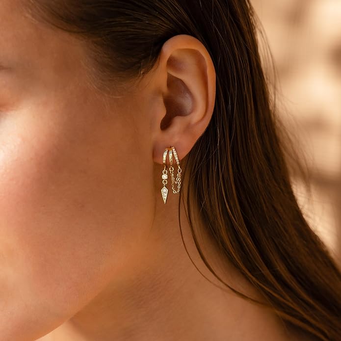 Dangle Earrings for Women,14k Gold Plated Triple Huggie Stud Earrings Dainty Drop Earrings for Women Trendy Gold Statement CZ Long Chain Earrings Non Tarnish Jewelry